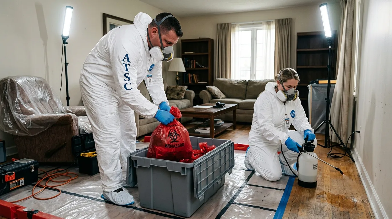 Professional Hoarding Cleanup technician in full PPE working in Overland